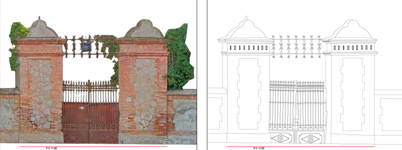 Comparación del alzado fotogramétrico y el dibujo lineal de un portal patrimonial